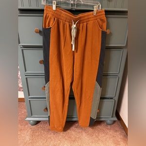 Roolee Tan Sweatpants with Blue Strips Down the Side